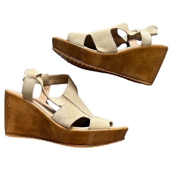 Anthropologie Barbara Barbieri Wedge Sandals Size 7.5 Italian Suede Taupe Shoes - Picture 1 of 10